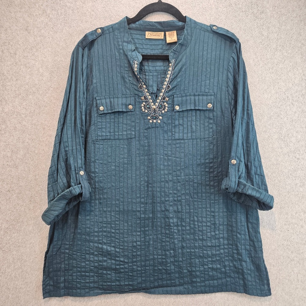 ART AND SOUL Tunic Top Womens XL Teal Beaded Boho Pintuck Cotton Blouse Casual